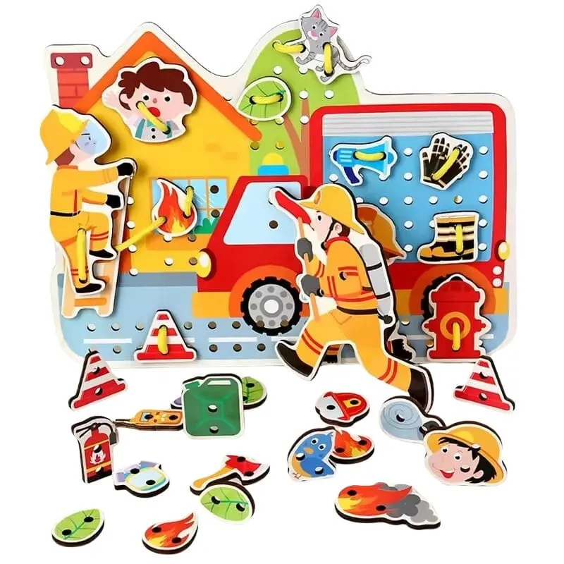 Puzzle Interactiv din Lemn, Pompieri, 31 piese de Snuruit pentru Dezvoltarea Abilitatilor Motorii si Educatia Copiilor, 29x21.5 Cm, +3 Ani