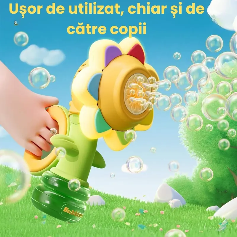 Aparat de Făcut Baloane de Săpun Formă Floare, 3 Moduri, Lumini LED, Anti-Scurgere, Lichid Inclus, +3 Ani