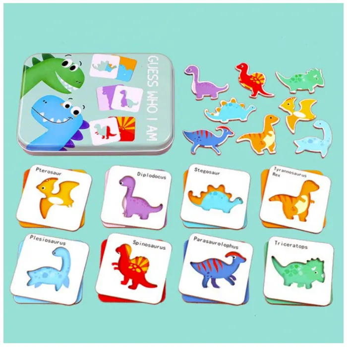 Puzzle din Lemn cu Dinozauri in Cutie Metalica Montessori
