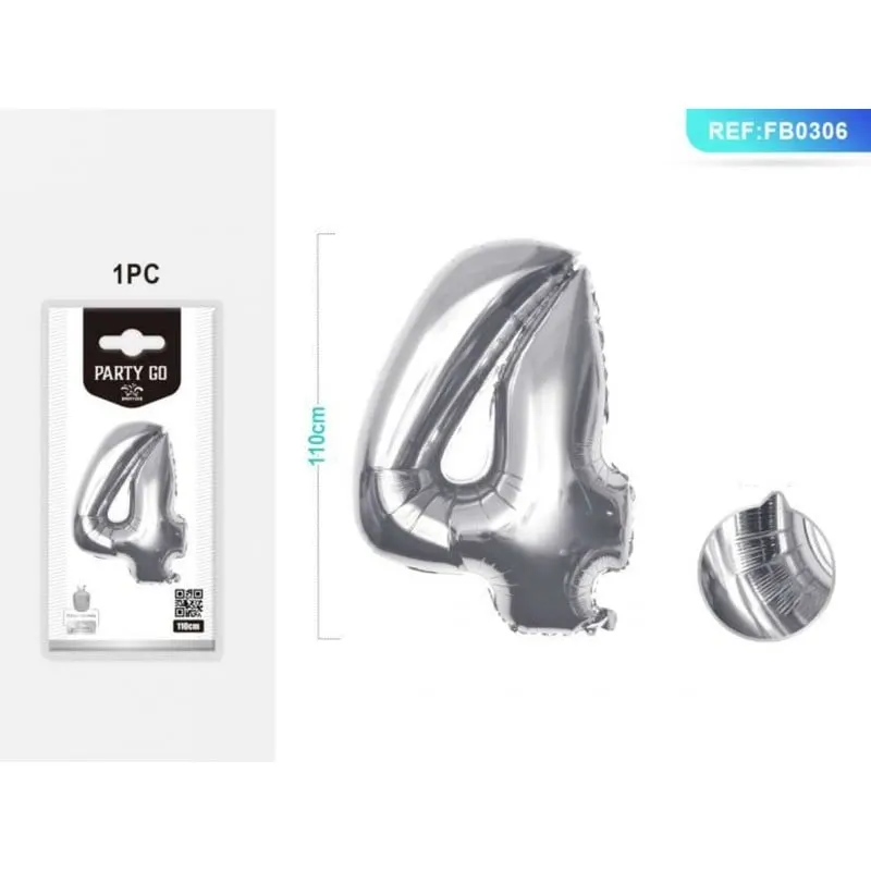 Balon aniversar PartyGo cifra 4, 40cm, argintiu