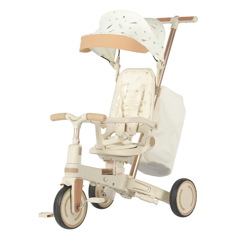 Tricicleta multifunctionala Baby 4-in-1, pentru copii de la 1 la 3 ani, pliabila si reglabila, roti moi, centura de siguranta, maner detasabil, alba