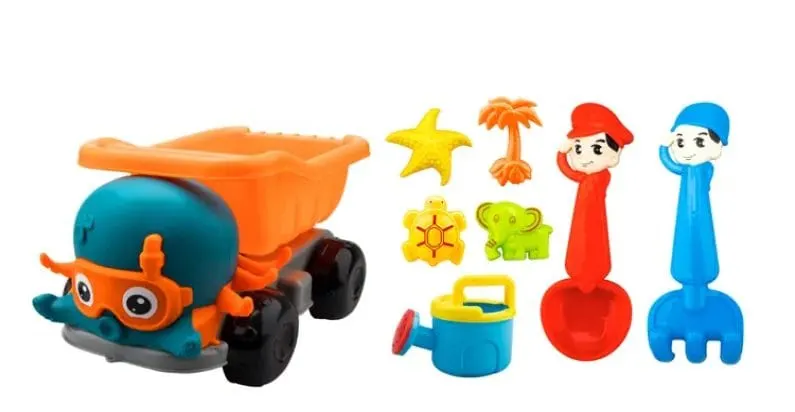 Set Jucarii pentru Plaja si Nisip, 8 Piese, Camion Caracatita, 2 Lopeti, Stropitoare, 4 Forme, Multicolor, 29x18x18 Cm, + 3 Ani