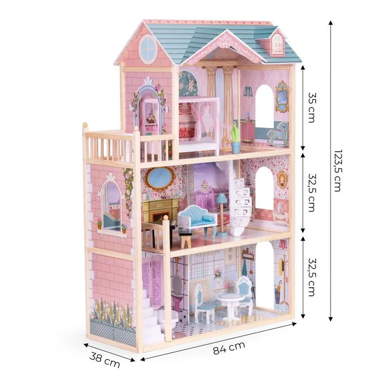Casuta de Papusi Ecotoys, lemn, mobilier, 3 etaje, roz KID003389 — imaginea 2