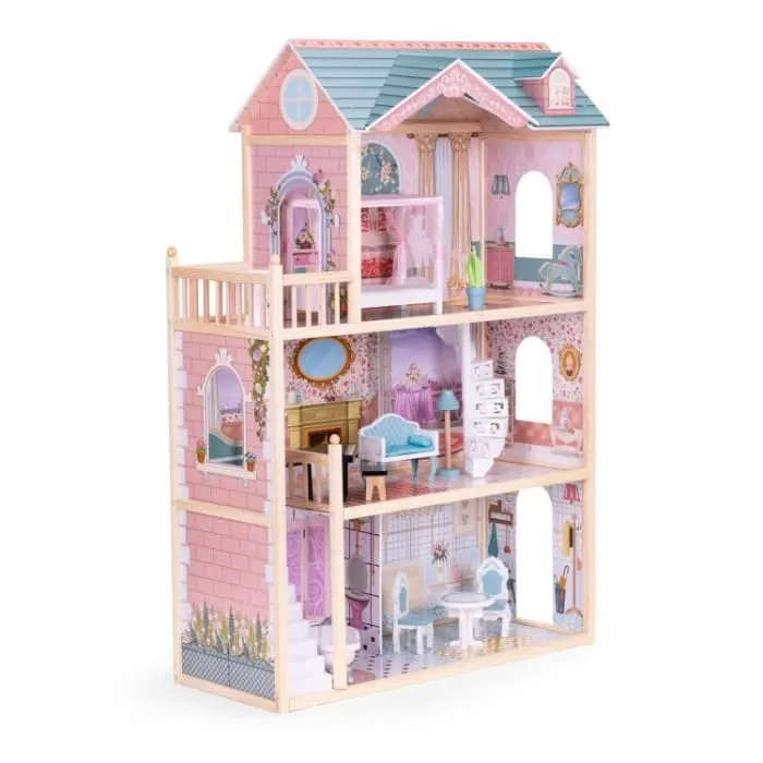 Casuta de Papusi Ecotoys, lemn, mobilier, 3 etaje, roz KID003389 — imaginea 4