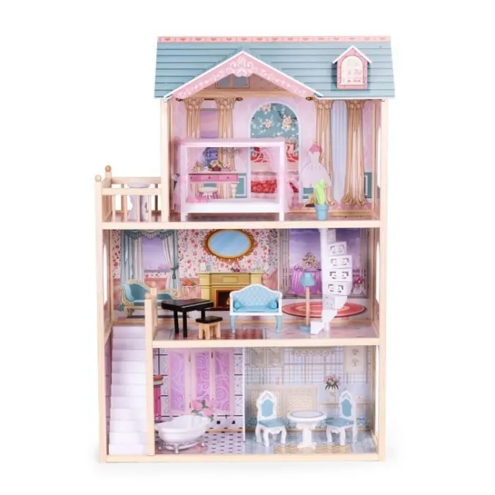 Casuta de Papusi Ecotoys, lemn, mobilier, 3 etaje, roz KID003389 — imaginea 5
