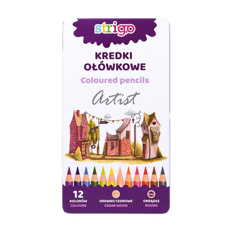 Creioane colorate Strigo, seria ARTIST , 12 culori, cutie metalica, lemn cedru