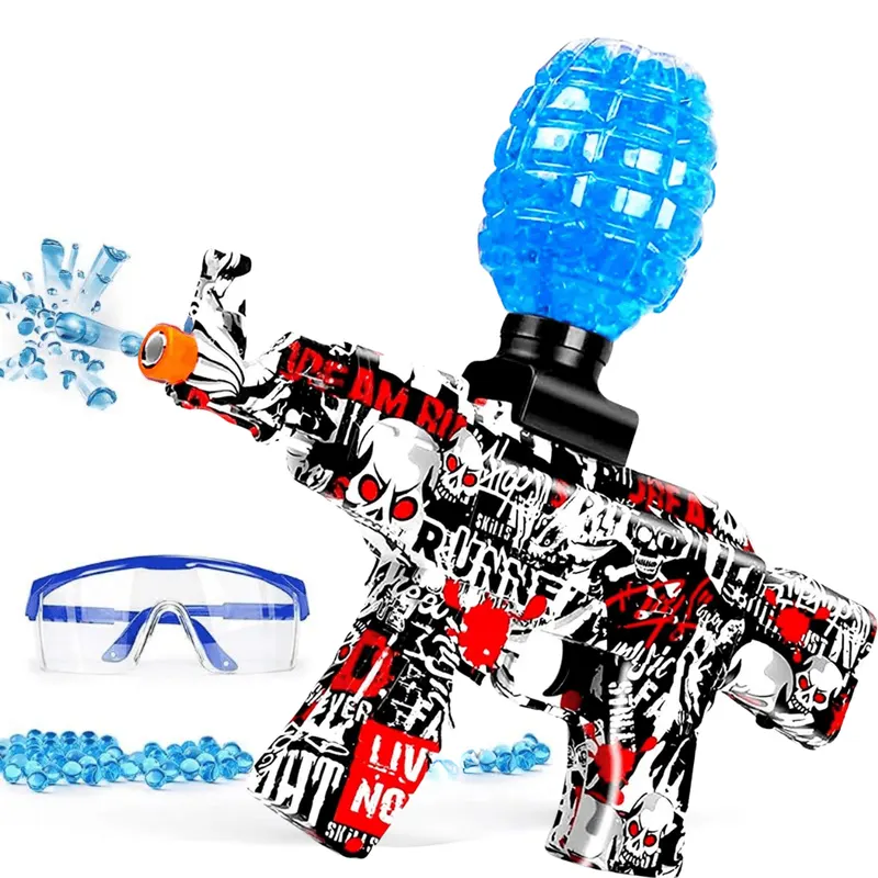 Pușcă Automată de Jucărie, 5000 Bile din Gel 7–8 mm, AK47, Ochelari de Protecție, Acumulator cu Încărcare USB, 31x7x28 cm, Alb Roșu Negru, 14+ ani