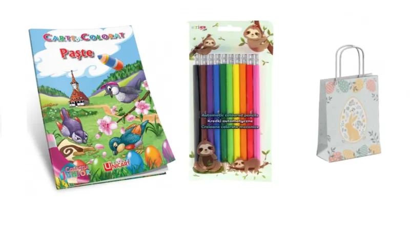 Pachet creativ pentru paste- carte de colorat + 10 creioane mecanice colorate + punga cadou