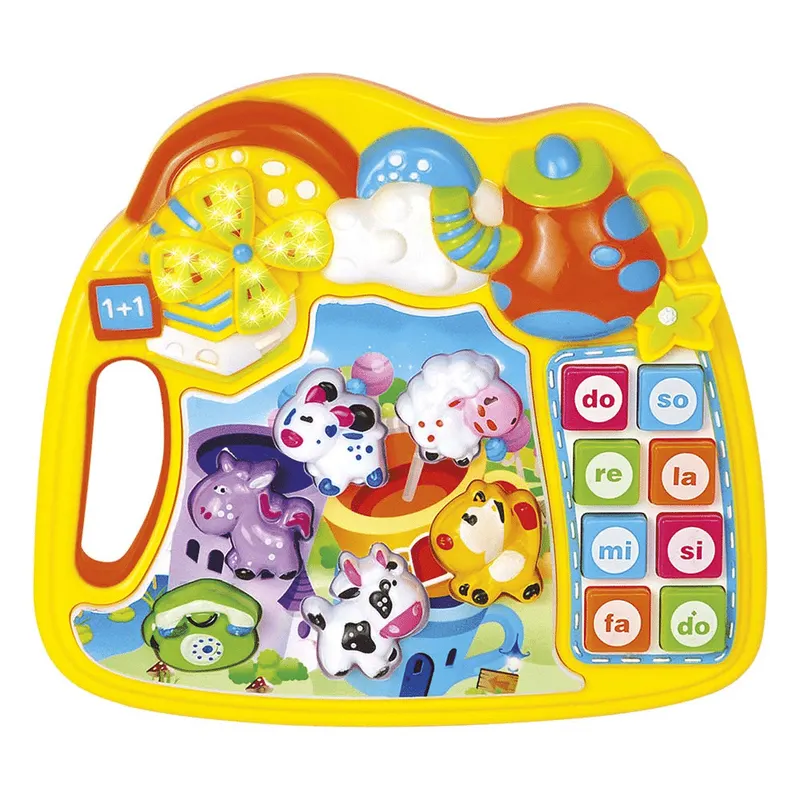 Jucarie Interactiva Bebelusi, Ferma Animalelor, Cu Lumini si Sunete, 4 Functii, Note Muzicale, Galben, 17x16x4 Cm
