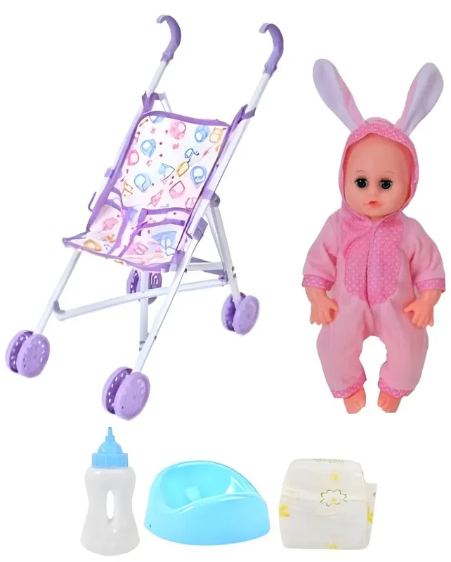 Set Papusa Bebelus Interactiva Multifunctionala Care Vorbeste, Carucior si Accesorii, 15 Sunete, Biberon, Olita, Scutec, Carucior Mov, 31x9x15 Cm, + 3 Ani, Utility One