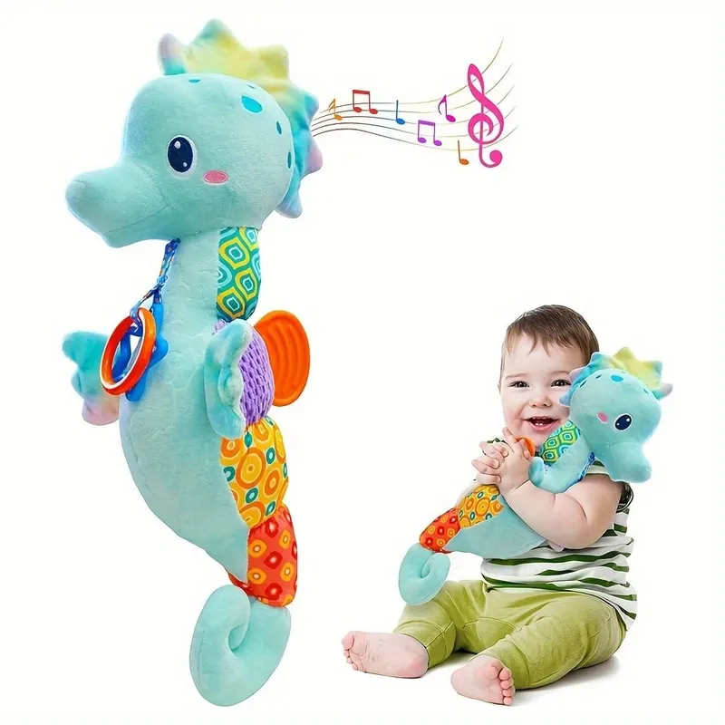 Jucărie Bebeluși Căluț de Mare Muzical și Senzorial, Dentiție, Zornăitoare, Foșnitoare, Fără BPA, Albastru, 0+ Luni