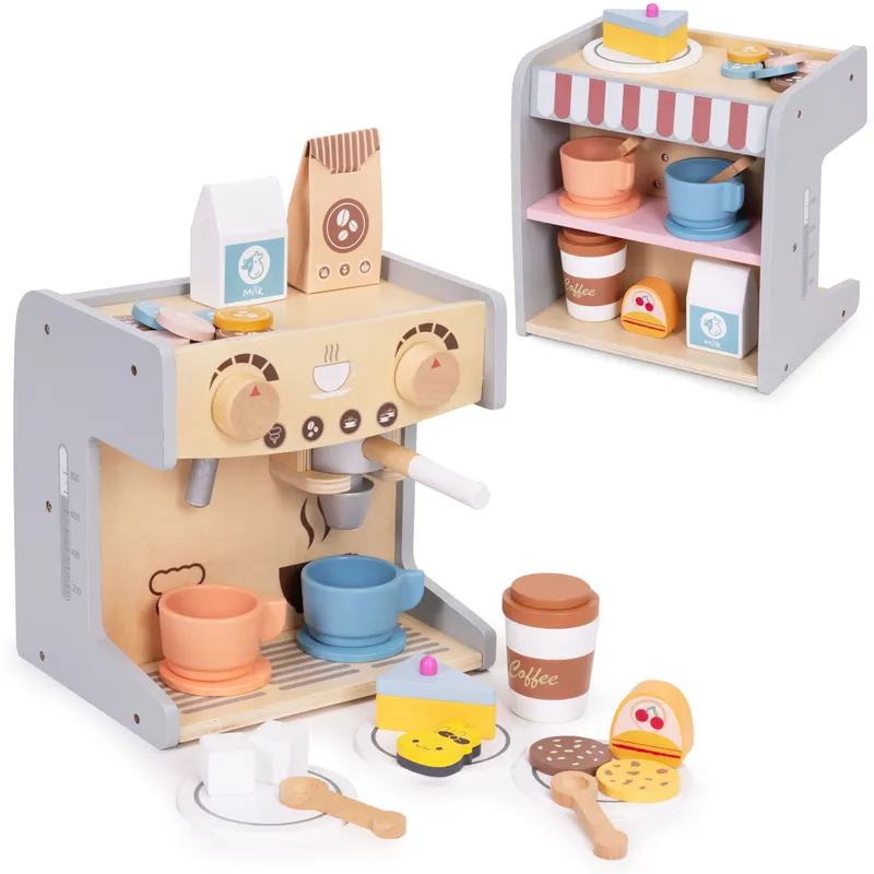 Aparat de cafea Ecotoys, lemn, 2 in 1, set barista, 26 accesorii, multicolor KID007264