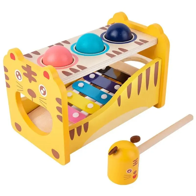 Joc Educational Multifunctional cu Xilofon, Ciocanel si Bile Multicolore, Model Tigrisor, Galben, 21x13.5x12.5 Cm, +3 Ani