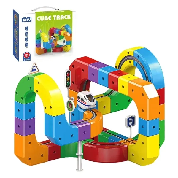 Circuit Trenuleț Electric 3D, Set Construcție Interactiv Cube Track, 81 Piese, Tren cu Acumulator USB și Lumini, Semne de Circulație, +3 Ani