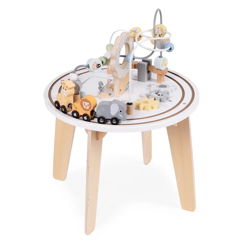 Masa activitati Ecotoys, lemn, 5 in 1, labirint, bile, trenulet, multicolor KID007561