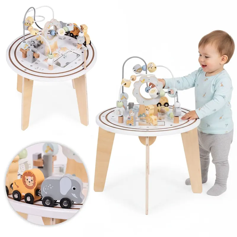 Masa activitati Ecotoys, lemn, 5 in 1, labirint, bile, trenulet, multicolor KID007561 — imaginea 3