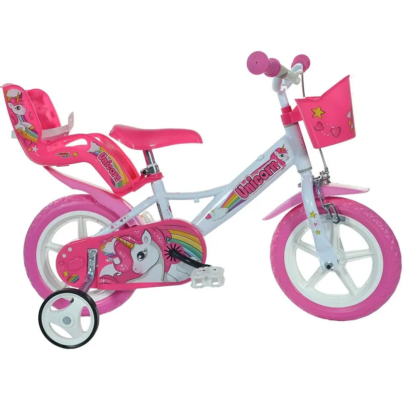 Bicicleta Copii Dino Bikes, Unicorn, 12 inch, roti ajutatoare, sistem frana, alb/roz KID904175