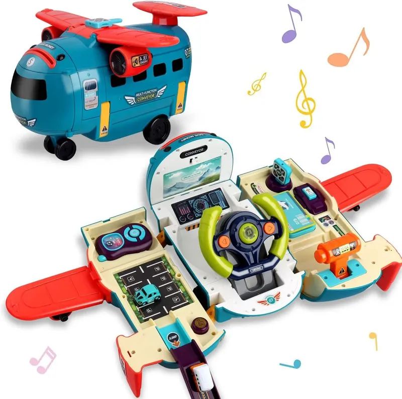 Avion Transformabil Multifunctional, Simulator de Zbor si Condus, Sunete Realiste, 1 Masinuta, Pusculita, Albastru Rosu, 30x29.5x19.5 Cm, + 3 Ani