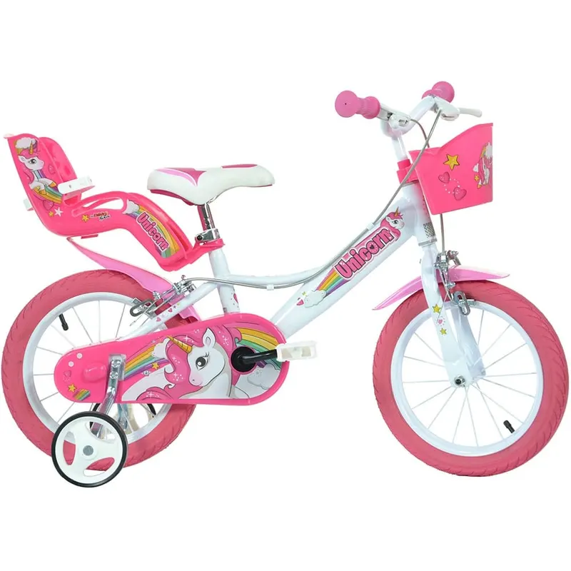 Bicicleta Copii Dino Bikes, Unicorn, 14 inch, roti ajutatoare, sistem frana, alb/roz KID904182