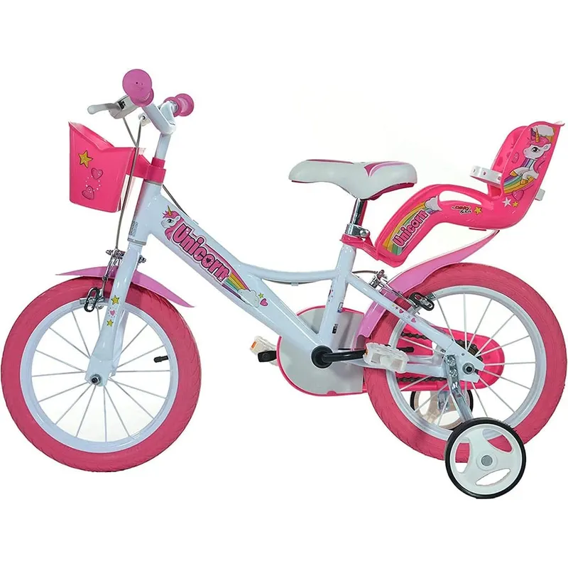 Bicicleta Copii Dino Bikes, Unicorn, 14 inch, roti ajutatoare, sistem frana, alb/roz KID904182 — imaginea 3