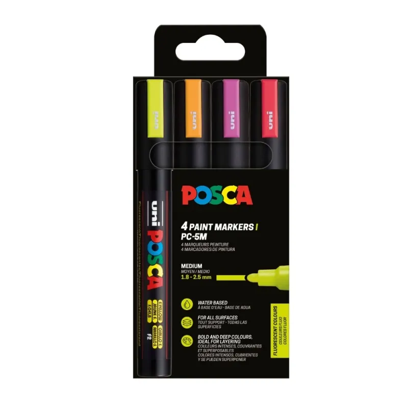 Set 4 markere UNI Posca PC-5M, varf rotund 1.8, 2.5 mm , culori fluorescente (orange, roz, roE u, galben)
