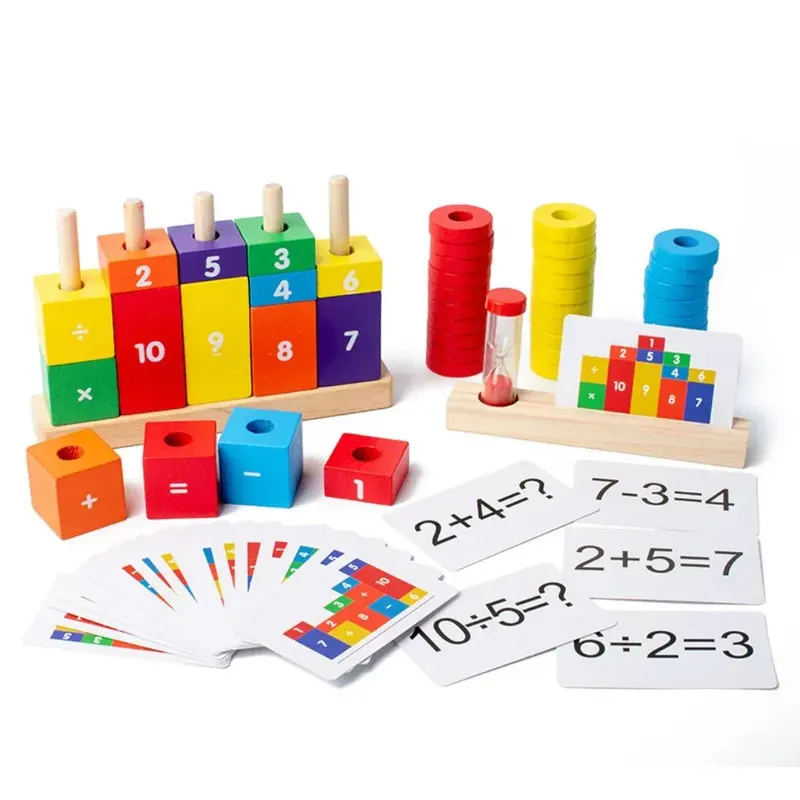 Joc educativ Aritmetica de Bază, piese din lemn și carduri interactive, 3 ani+